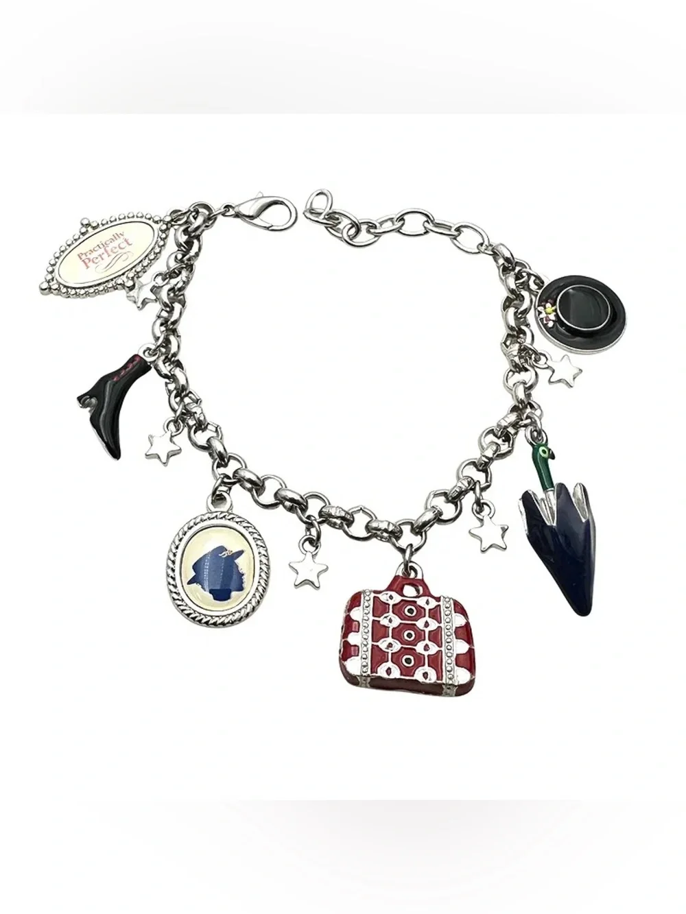 Disney Mary Popins Silver Tone Enamel Charm Bracelet 7 Inch